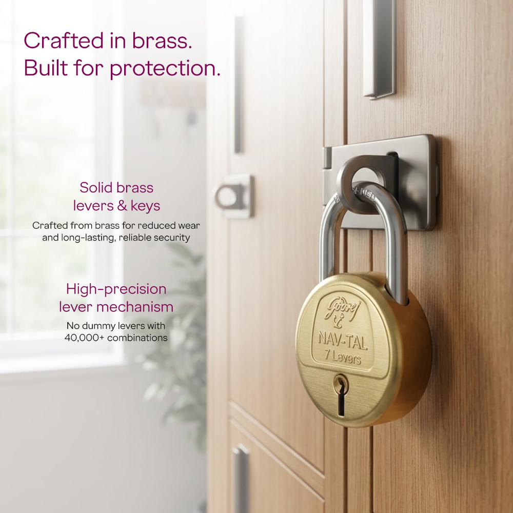 Godrej Locks | Navtal 7 Lever with 21mm Shut Height | 65mm | Heavy Duty Brass Lock with Hardened Steel Shackle | 2 Keys | for Main Doors, Gates, Shutters, Lockers and Warehouses | 1 Yr Warranty I 3290